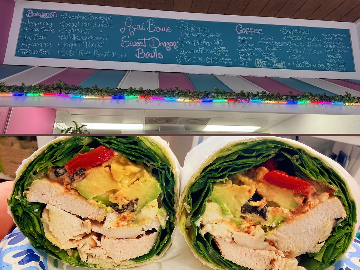 Bright cafe counter with coffee and smoothies.
